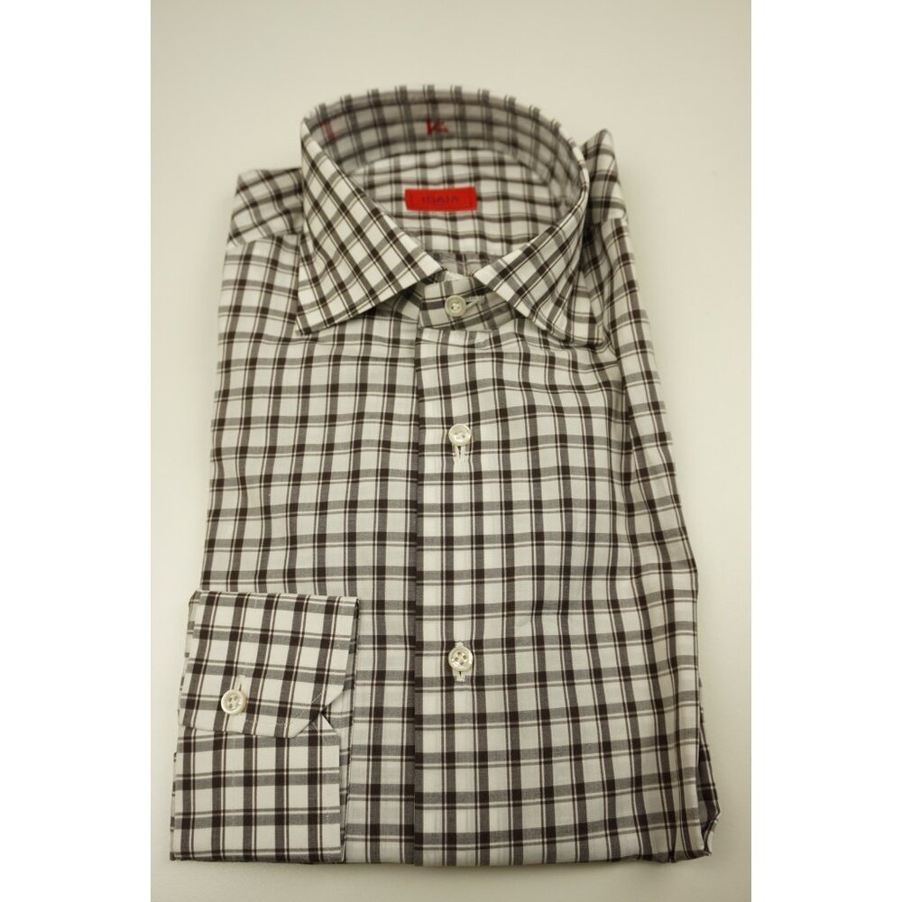 Isaia White Deep Burgundy Plaid Long Sleeve Cotton Dress Shirt 15.5/39 NEW